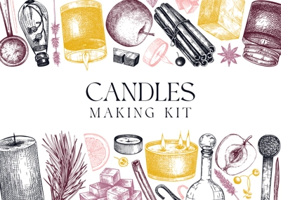 Hand-sketched aromatic candle ingredients banner. Vector design with candles, wax, fragrance, color, herbs, and skewers. Frame template for aromatherapy, hobby, handcrafts, candle making.